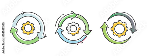 Set of three circular process icons with gears, representing agile workflow and continuous improvement.
