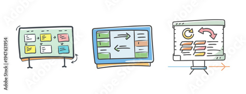 Agile board and workflow icons representing project management and development process.