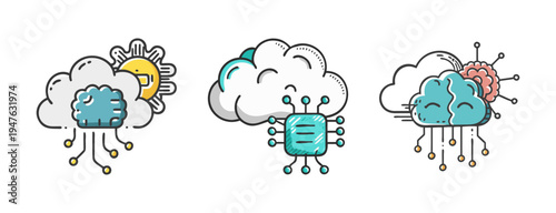 Hand-drawn icons of AI brains within clouds, symbolizing cloud computing and AI data processing.