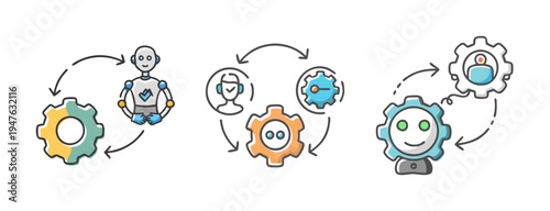 Collection of three icons illustrating AI workflow automation with robots and gears.