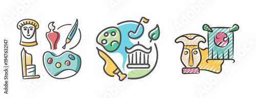 Hand-drawn icons representing art, culture, and creativity with paint and museum.