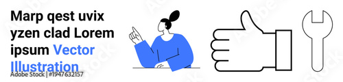 Collaboration, approval, tools, repair, teamwork, problem-solving. Illustration shows a person gesturing, a thumbs-up hand and a wrench symbol. Collaboration and approval concepts