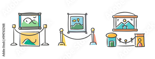 Hand-drawn art gallery icons showing framed paintings on display with ropes.