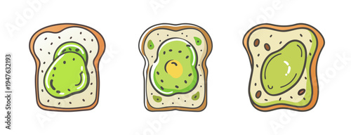 Three hand-drawn icons of avocado toast with different toppings and styles.