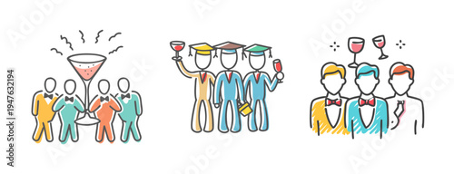 Hand-drawn icons of men celebrating a bachelor party with drinks and graduation caps.