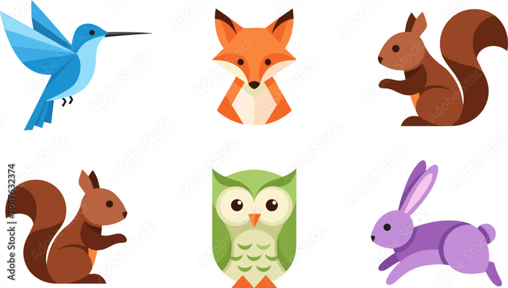 Obraz premium Cute Forest Animal Illustrations Set Featuring Fox, Rabbit, Owl, Squirrel, and Hummingbird for Kids' Design and Nature Projects