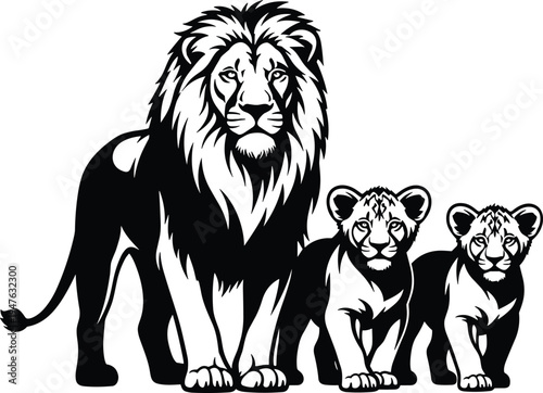 Photography Black and white vector illustration of a male lion standing with two small cubs, wildlife family silhouette, isolated on white