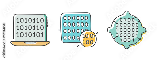 Binary code displayed on a laptop screen, in a grid, and within a circular pattern.