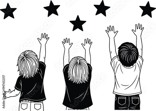 Three Children Reaching Up Towards Black Stars on a White Background Keywords: children, reaching, stars, up, white background