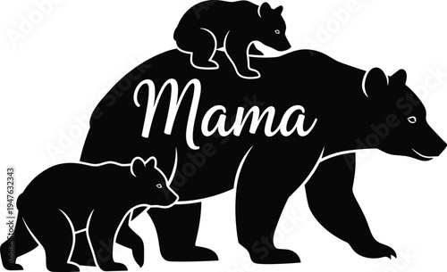 Obraz na plátně Black and white vector illustration of a mother bear and cub sitting in a floral meadow, wild nature silhouette, isolated