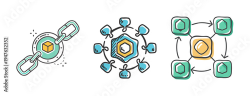 Blockchain technology icons: chain link, network nodes, and decentralized system.