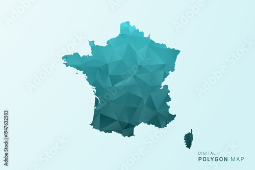France Map - Polygon style vector illustration in teal blue-green low poly geometric design, modern minimal silhouette.