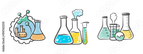 Chemical industry icons featuring flasks and beakers with colorful liquids and steam, vector