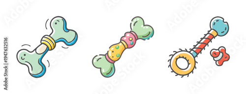 Set of three dog chew toy icons shaped like bones and a rope, playful vector illustration