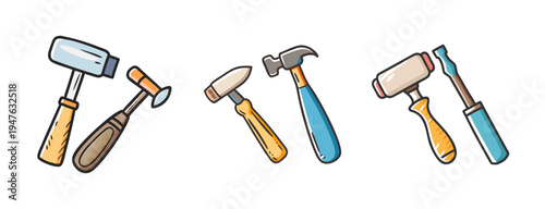 Set of hand-drawn chisel and hammer icons for crafting and repair work.