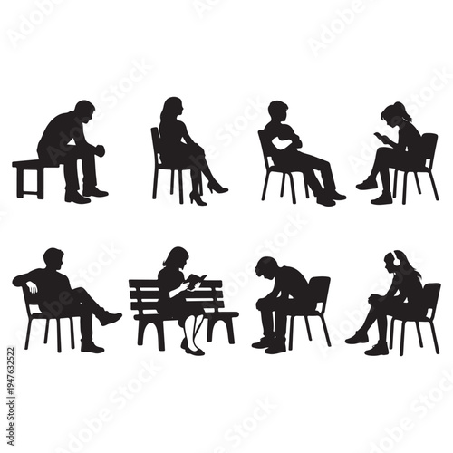Silhouettes of Men, Women, and Teenagers Sitting on Benches and Chairs