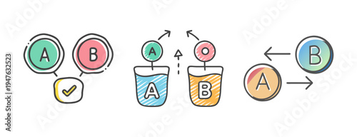 A-B testing icons showing comparison, selection, and analysis of options.