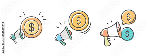 Advertising budget icons with megaphone and dollar coins, representing marketing and finance.