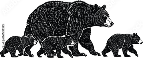 Black and white vector illustration of a mother bear and cub sitting in a floral meadow, wild nature silhouette, isolated.