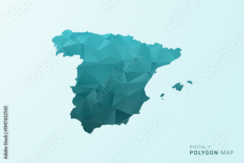Spain Map - Polygon style vector illustration in teal blue-green low poly geometric design, modern minimal silhouette.