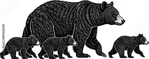 Black and white vector illustration of a mother bear and cub sitting in a floral meadow, wild nature silhouette, isolated.