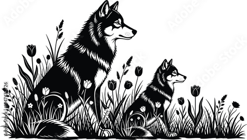 Black and white vector illustration of a mother wolf and cub sitting in a field of wild flowers and grass.