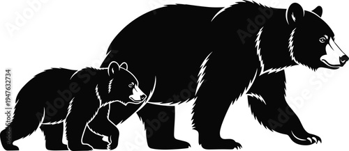 Black and white vector illustration of a mother bear and cub sitting in a floral meadow, wild nature silhouette, isolated.
