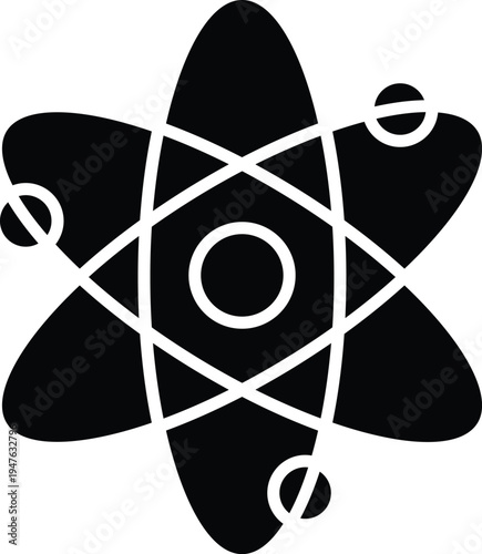 Black and white atom symbol with lines and circles