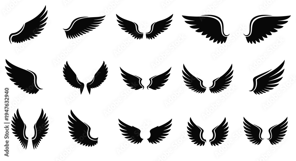 Fototapeta premium Collection of various black wing designs presented against a white background silhouette