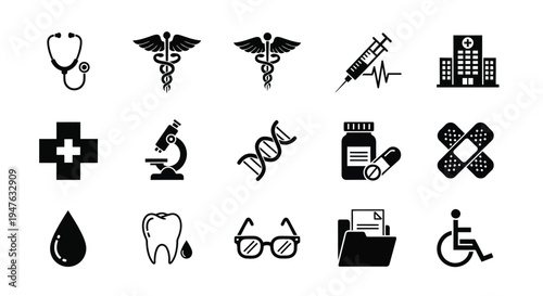 Black medical icons depicting healthcare symbols and tools a silhouette