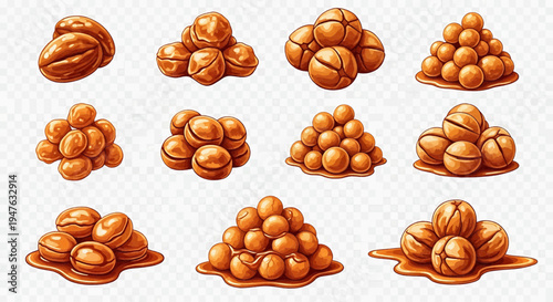A collection of various caramel-coated nuts are displayed in piles on a surface.