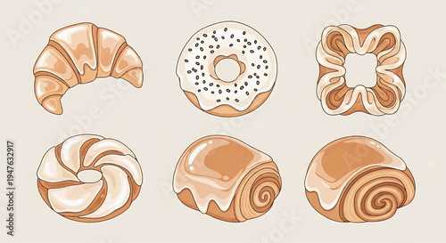 A delicious assortment of sweet pastries on a table includes croissant, donut, danish, swirl, and cinnamon rolls.