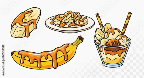 A delicious arrangement of caramel covered bananas and desserts on a table