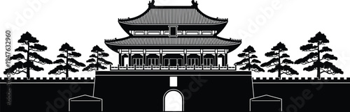 Traditional Chinese Gate and Wall Silhouette Keywords: Chinese gate, ancient gate, fortress, wall, traditional architecture