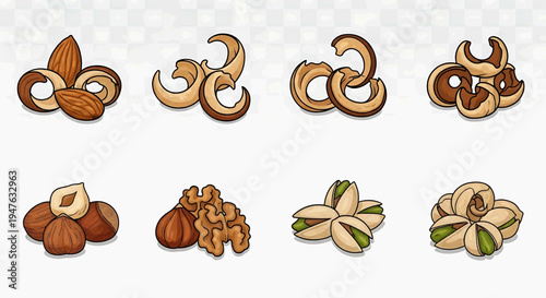 A collection of various nuts and pretzels arranged on a surface