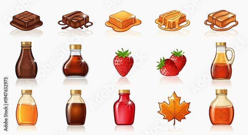 A collection of food items including pancakes, waffles, chocolate, syrup, strawberries, and a maple leaf on a table indoors.