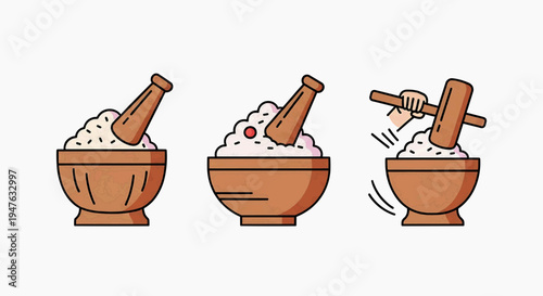 A person prepares food in a mortar with a pestle, crushing ingredients.