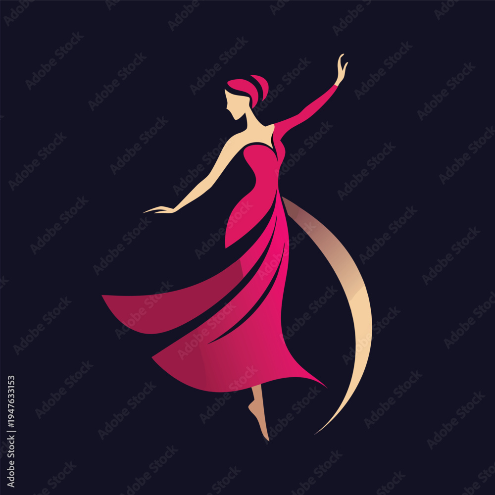 Fototapeta premium A stylized illustration depicts a woman in a flowing red dress mid dance pose