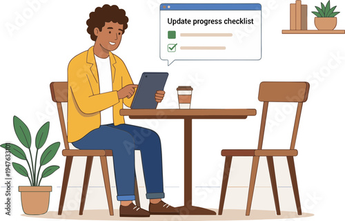 A man works on a tablet at a table in a cafe with a checklist