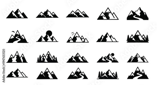 Various mountain range designs and natural elements in black silhouette