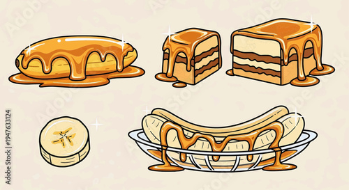 A variety of desserts with caramel sauce being poured on them in a kitchen setting with sweet treats.