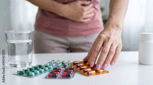 Woman suffering from stomach pain reaching for medication. Pills, water, and bottle for digestive health