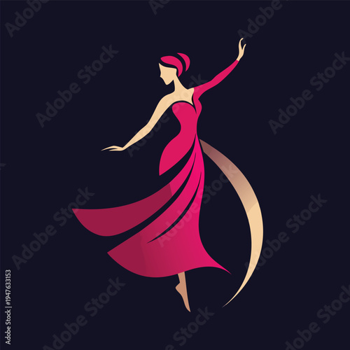 A stylized illustration depicts a woman in a flowing red dress mid dance pose