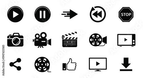 Collection of black media control and film icons in a flat silhouette