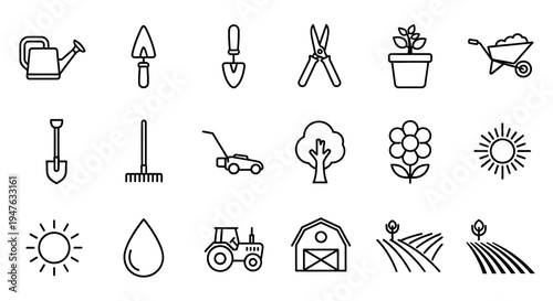 Gardening tools plants and farm elements in a simple line silhouette