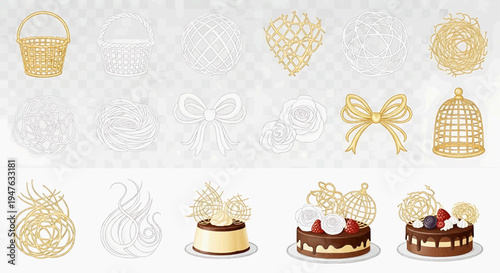 A collection of decorated desserts and bakery items on plates with various golden designs.