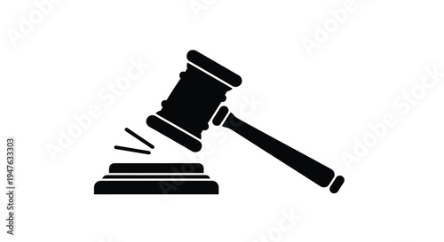 A black silhouette of a gavel striking a block legal justice silhouette