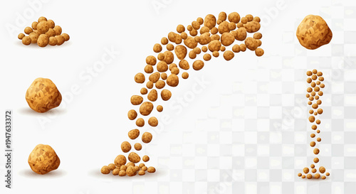 A stream of small brown balls flows in an arc shape across a plain surface.