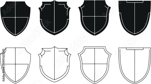 Heraldic shield silhouettes and outline icons set, medieval coat of arms badge shapes collection vector illustration isolated on white background