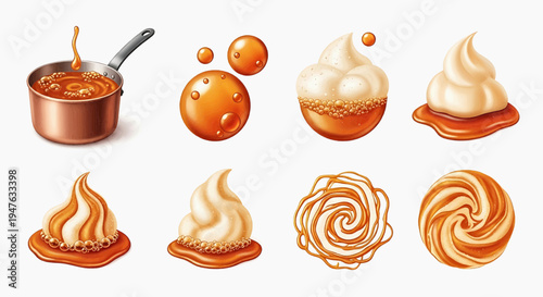 A collection of caramel sauce being poured and swirled into various dessert toppings.